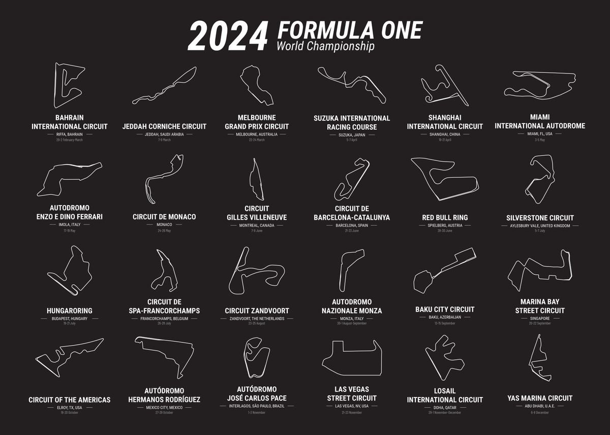 '2024 Formula 1 Season Maps' Poster, picture, metal print, paint by