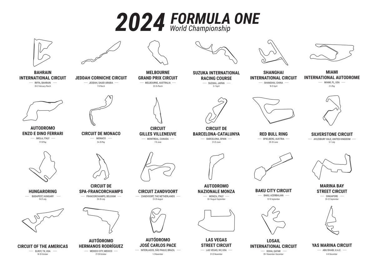 '2024 Formula 1 Season Maps' Poster, picture, metal print, paint by