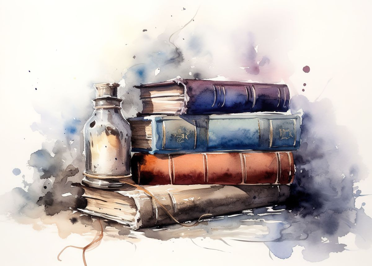 Watercolor Books' Poster, picture, metal print, paint by Rui Marquez