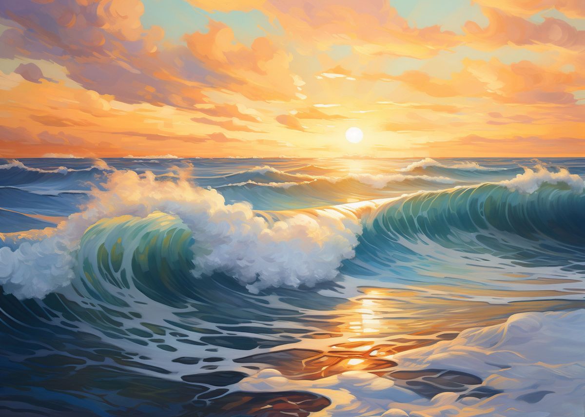 ' Ocean waves and sunset' Poster, picture, metal print, paint by WAA ...