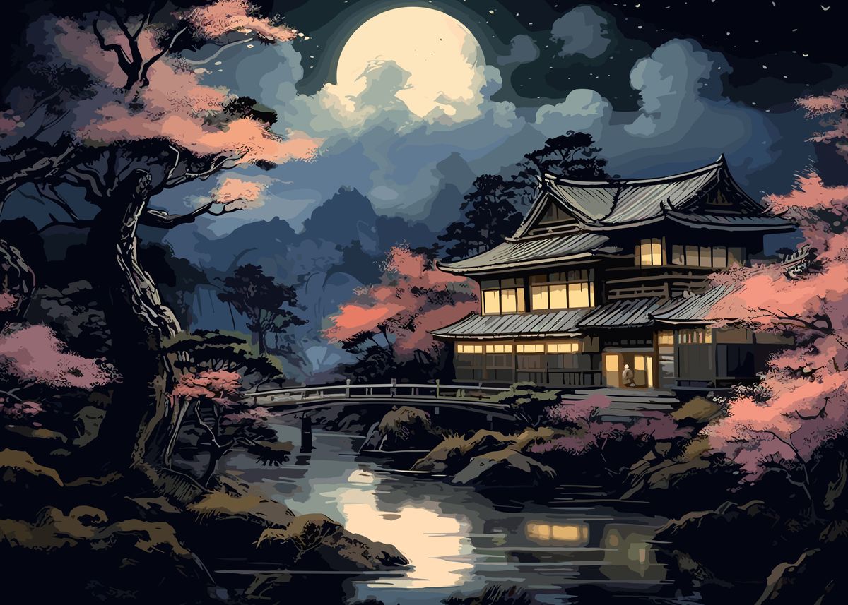 Moon Japanese Landscape Poster Picture Metal Print Paint By Ardyce moon-japanese-landscape-poster-picture-metal-print-paint-by-ardyce