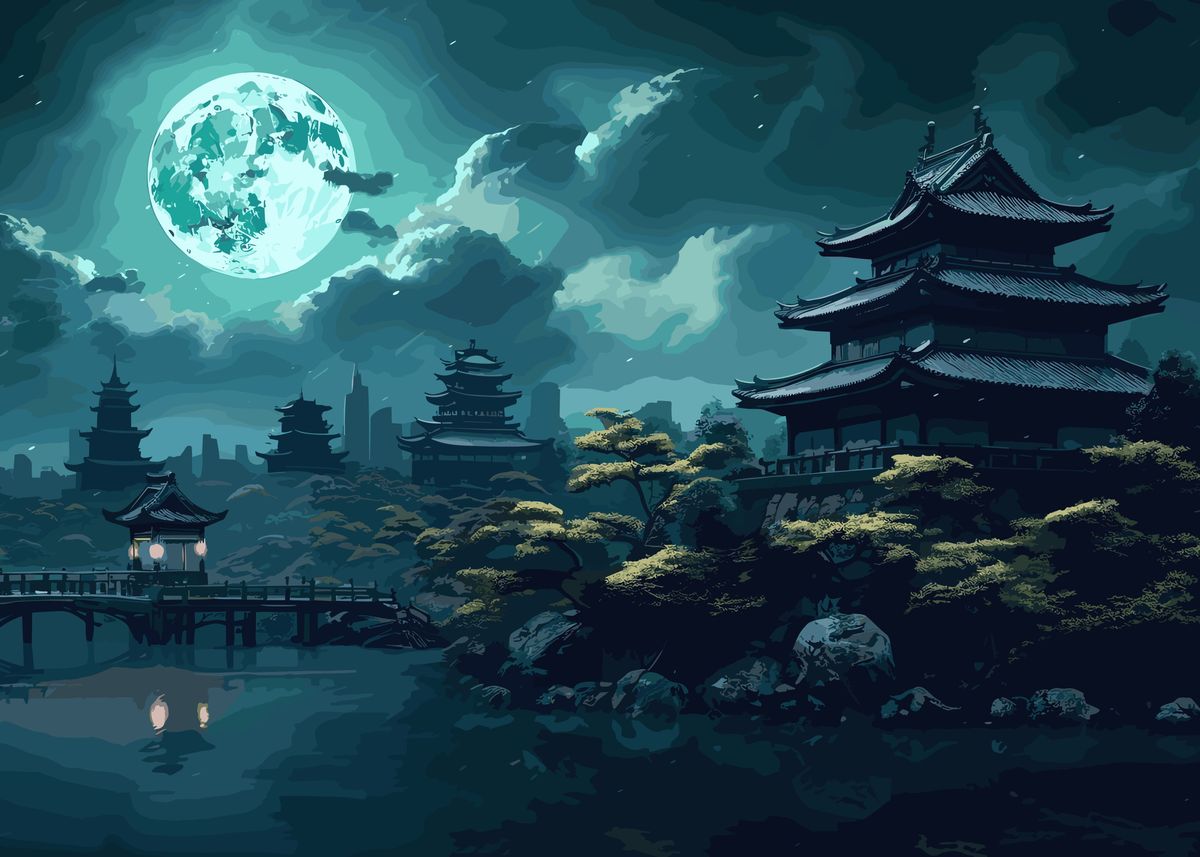 Moon Japanese Landscape Poster Picture Metal Print Paint By Ardyce moon-japanese-landscape-poster-picture-metal-print-paint-by-ardyce