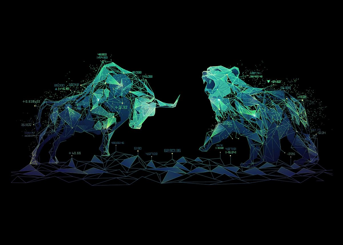 bull & bear digital prints, stock market art, wall... 'Stock Market Bull And Bear' Poster, picture, metal print, paint by ...