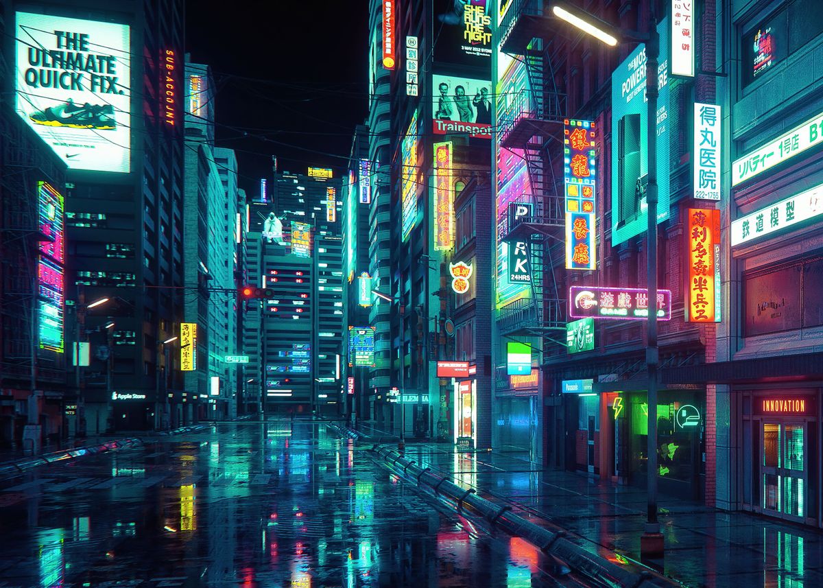 'Japanese Night Buildings' Poster by babi lonia | Displate