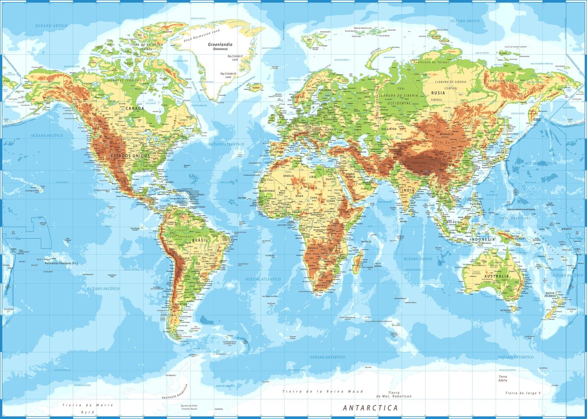 'Physical World Map Spanish' Poster, picture, metal print, paint by Sam ...