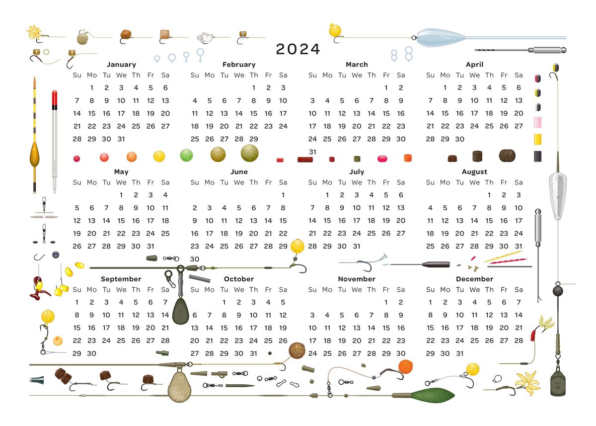 Carp Fishing Calendar 2024' Poster, picture, metal print, paint by
