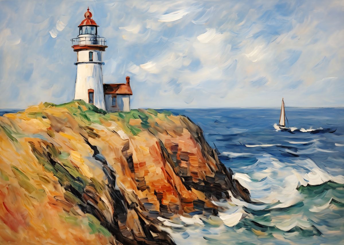 'lighthouse with a sailboat' Poster, picture, metal print, paint by ...