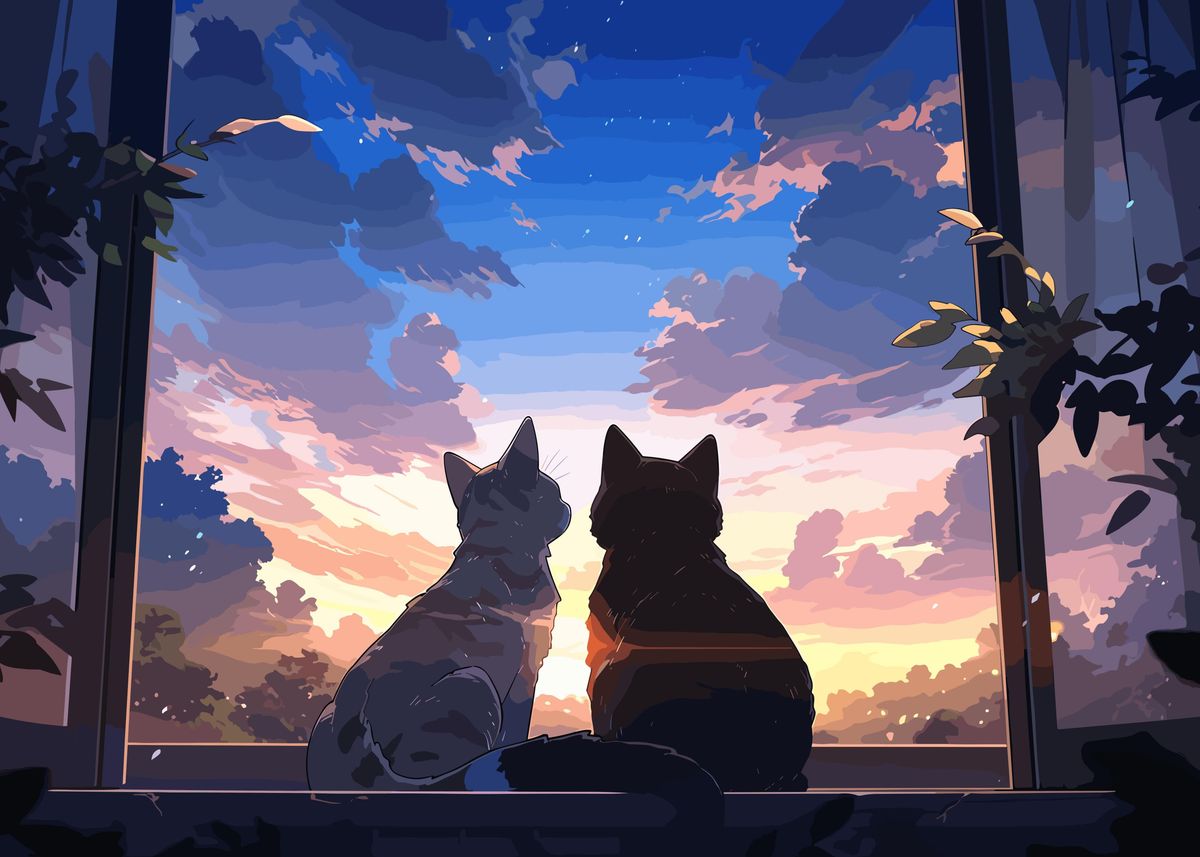 'Anime Sunrise Sky Cats' Poster, picture, metal print, paint by ...