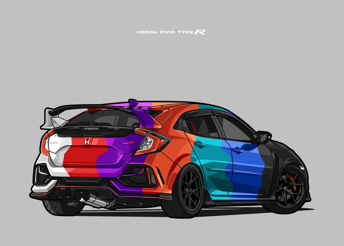 'honda civic type r rainbow' Poster, picture, metal print, paint by ...