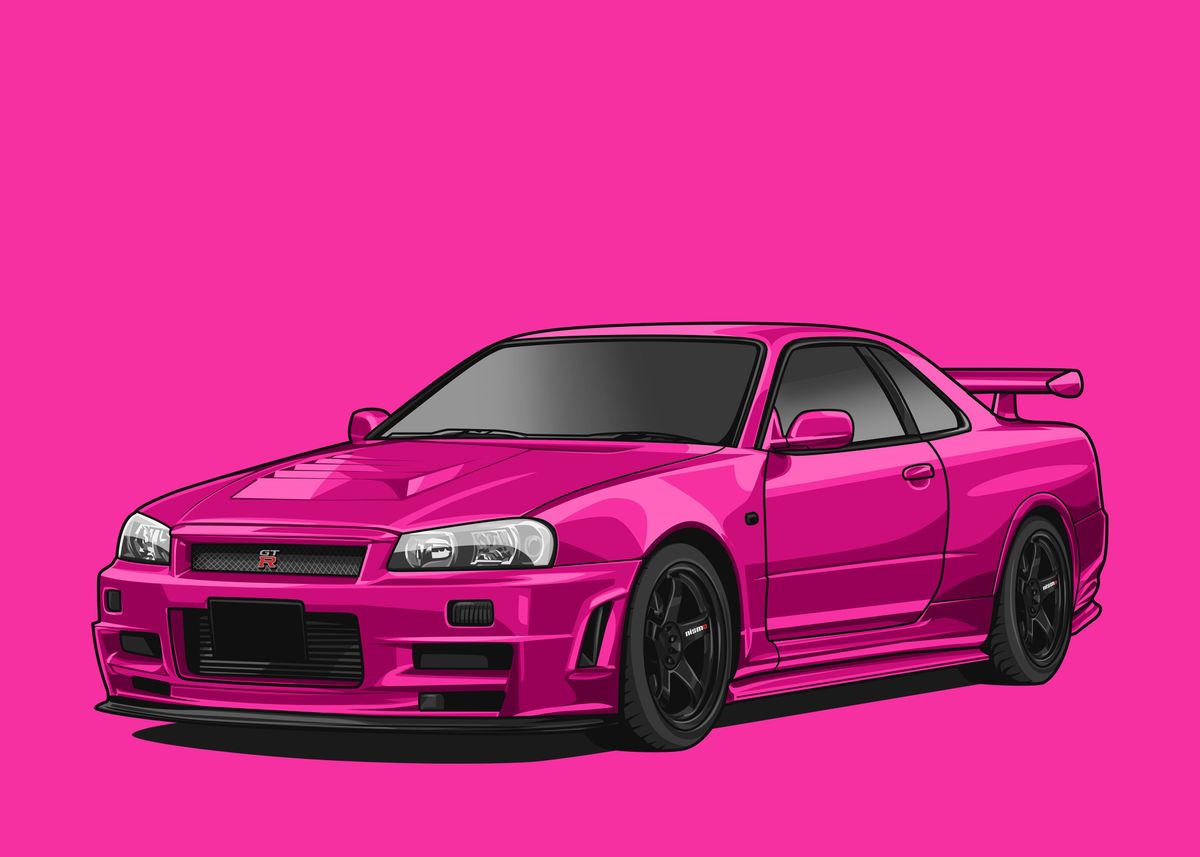 Gt R R34 Syline Model Pink 'Nissan r34 Skyline pink' Poster, picture, metal print, paint by ...