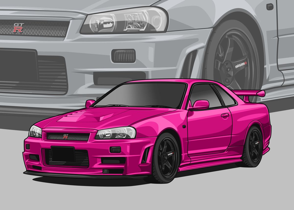 'Nissan r34 Skyline pink' Poster, picture, metal print, paint by ...