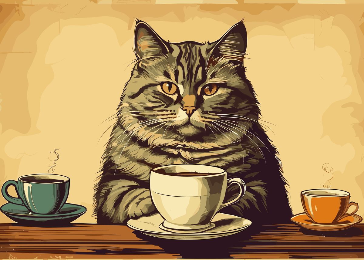 'Vintage Cat Coffee' Poster, picture, metal print, paint by Vicky ...