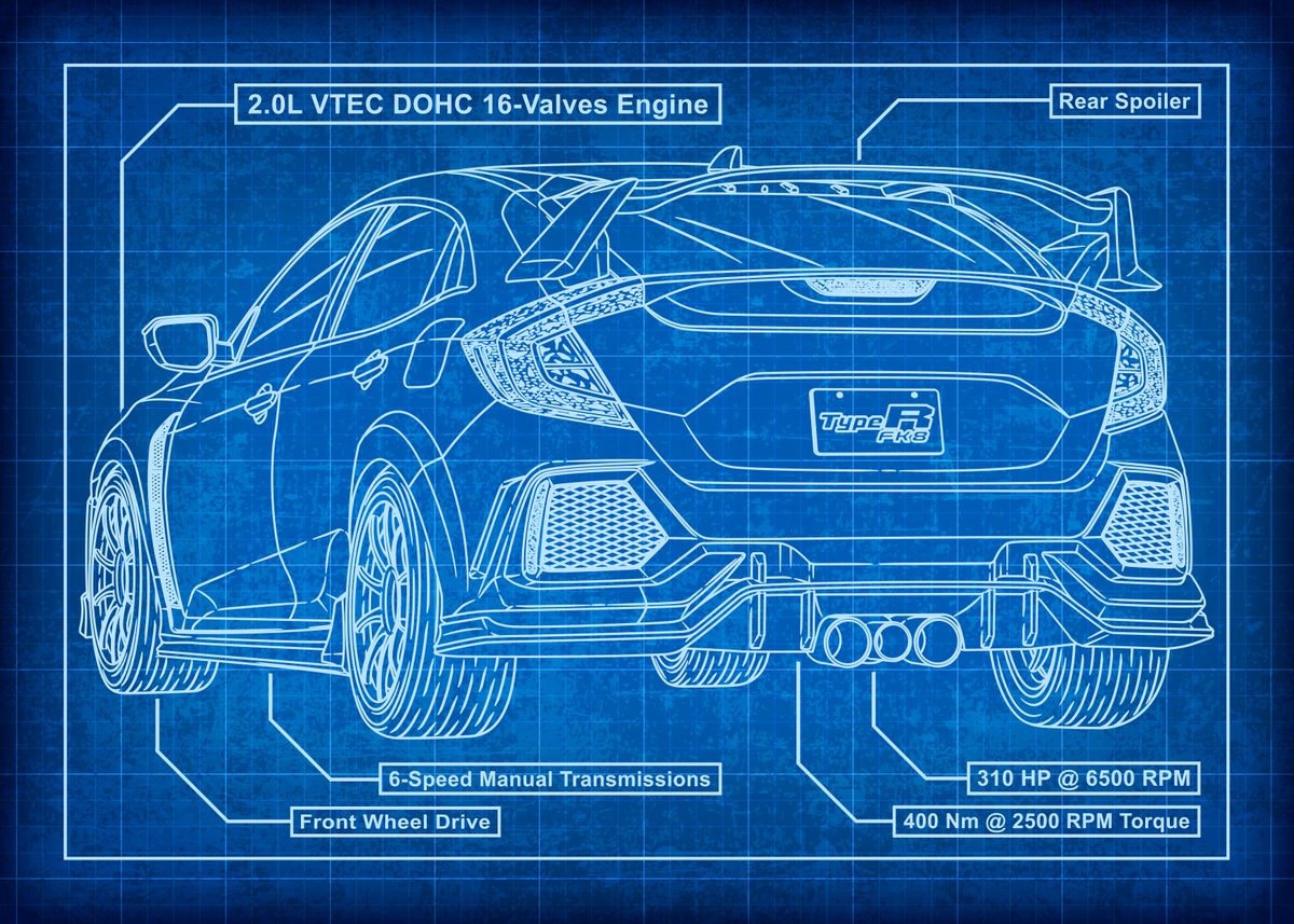 'Honda Civic Type-R FK8 Blueprint' Poster, picture, metal print, paint ...