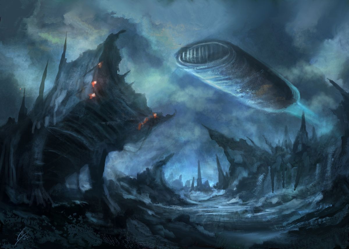 'Alien Spaceship Over Desolate Landscape' Poster, picture, metal print ...