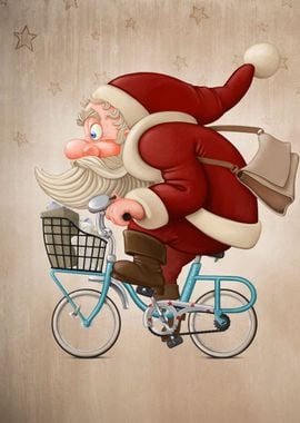 Santa Claus rides a bike