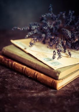 Still life with books and dry lavender