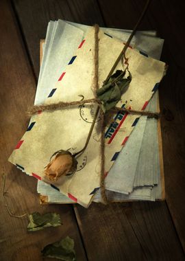 Still life with old letters and dried rose