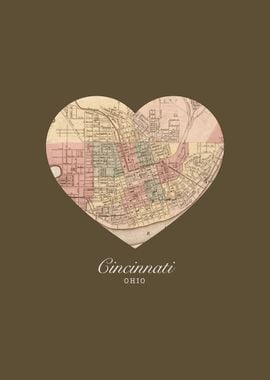 Cincinnati Ohio City Heart Vintage Street Map