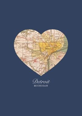 Detroit Michigan City Heart Vintage Street Map