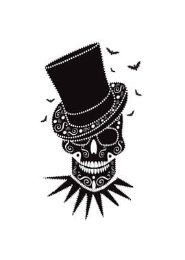 Happy Halloween skull with cylinder hat and bats, 