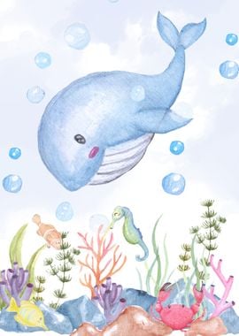 watercolor whales in sea 