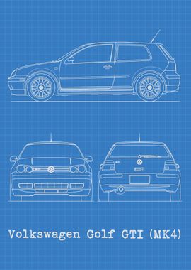 VOLKSWAGEN GOLF Mk4 Realistic Car Drawing Fine Art Print Poster