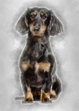 Dachshund sitting against