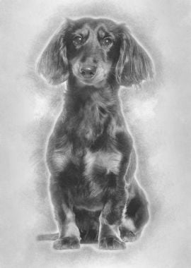 Dachshund sitting against