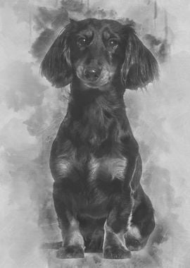 Dachshund sitting against