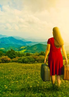 Woman With Luggage In Moun