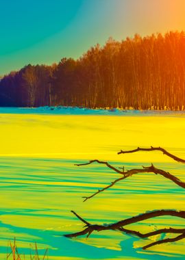 Snowy Field At Sunset With