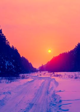 Sunrise Over Snowy Road In