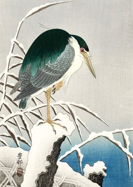 Heron in snow woodblock 