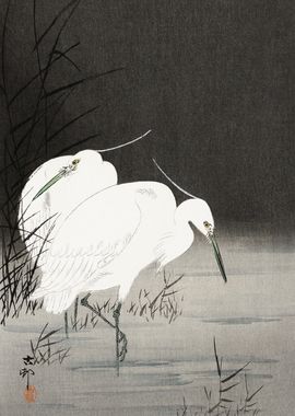 Egrets in lake woodblock