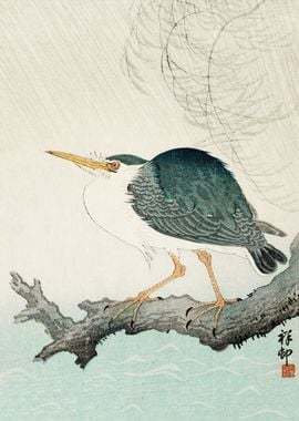 Heron on tree woodblock 