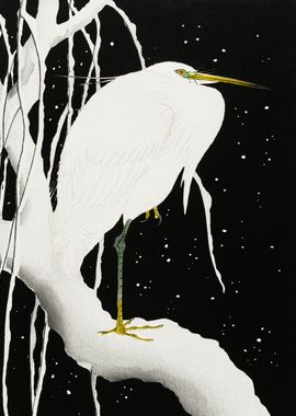 Heron in snow Woodblock 