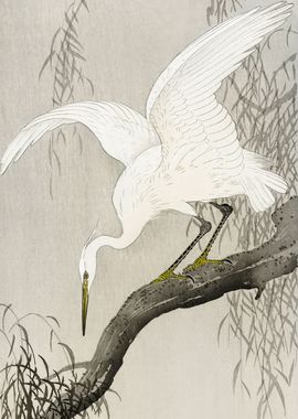 Heron on tree woodblock