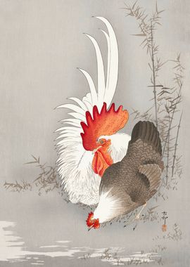 Rooster and Hen Woodblock