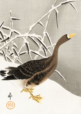 Goose in snow woodblock 