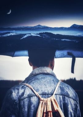 Blue Umbrella and Mountain