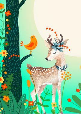 cute deer and a bird