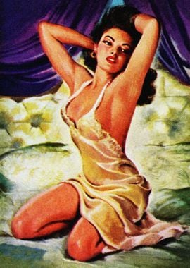 Cute girl in bed pulp art