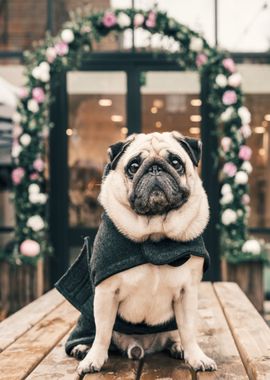 wrinkly pug sitting dog