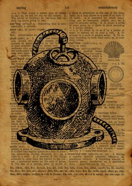 Deep sea diver engraving