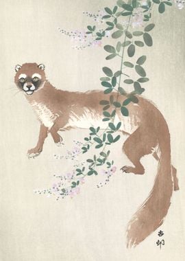 Weasel and Flowers Woodcut