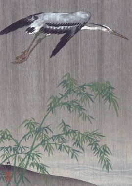 Heron in the Rain Woodcut