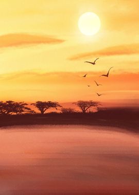 Sunset landscape painted