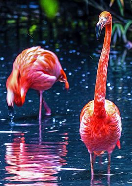 Pink flamingos in a pond