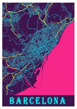 Barcelona Neon City Map