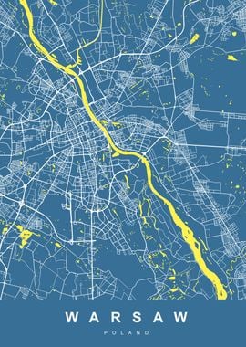 Warsaw Map Poland Blue